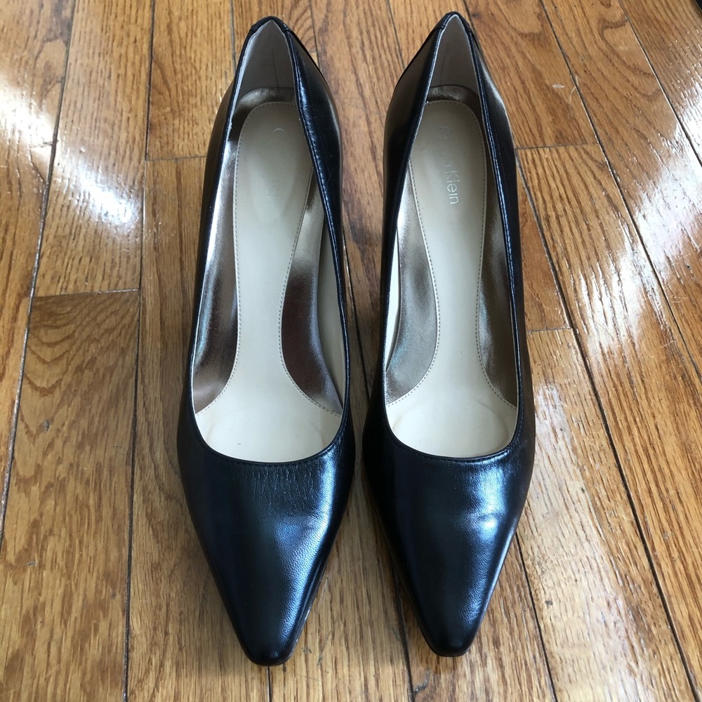 Classic black leather heels by Calvin Klein, wide